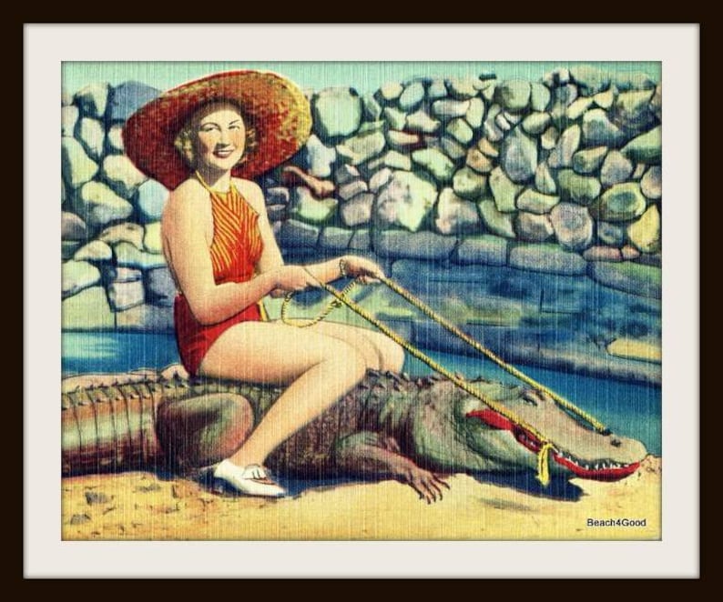 Retro Woman Riding Alligator Photograph, Vintage Beach Decor, Summer Art Vintage Florida image 2