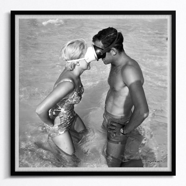 Vintage Photo Woman & Man Playing in Surf, Coastal Wall Art, 8x8 print Florida Wall Art Vintage Swim Art Couple Bedroom Wall  art,