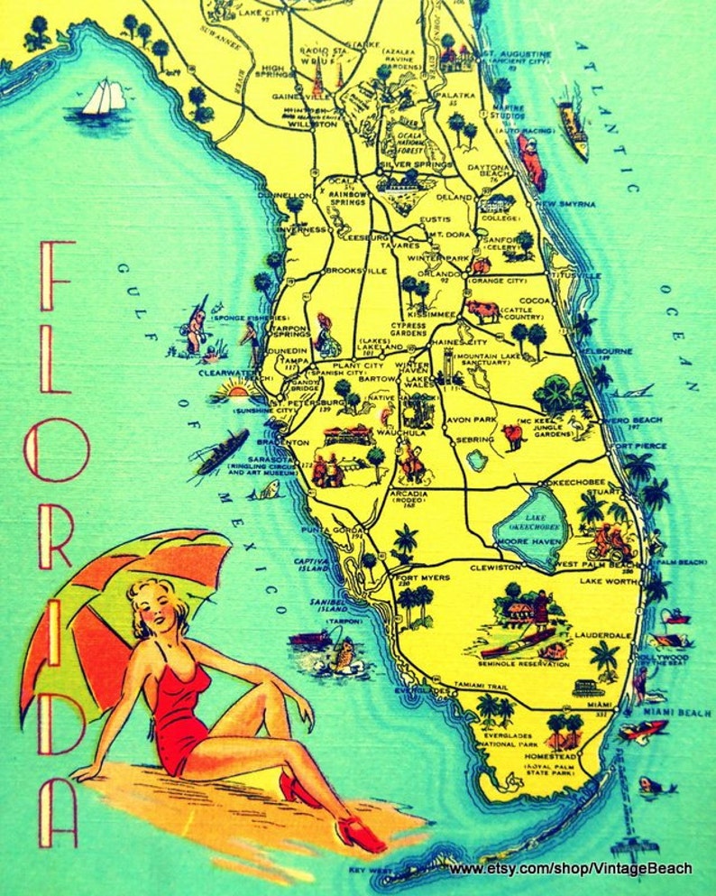 SUNNY FLORIDA map art Fine Art Print living room art beach house decor Florida beach house wall art