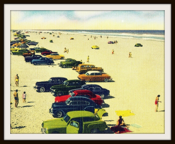 ビーチとクラシックカーのアート Vintage 1950s Beach Print, Classic Cars, Retro Coastal Art - Etsy
