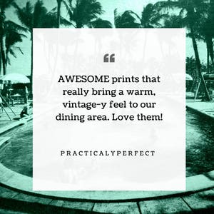 May include: A white square with a quote inside. The quote reads "AWESOME prints that really bring a warm, vintage-y feel to our dining area. Love them!"  The quote is attributed to "PRACTICALYPERFECT".
