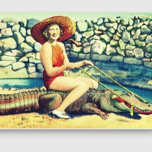 Coastal Wall Art, Alligator Art Canvas 24x36, Old Florida Art, Woman riding Alligator Art, Bathroom Wall Art, Eclectic Home Decor image 3