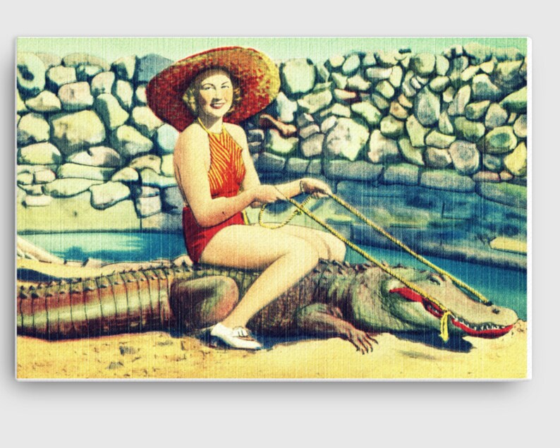 Coastal Wall Art, Alligator Art Canvas 24x36, Old Florida Art, Woman riding Alligator Art, Bathroom Wall Art, Eclectic Home Decor image 3