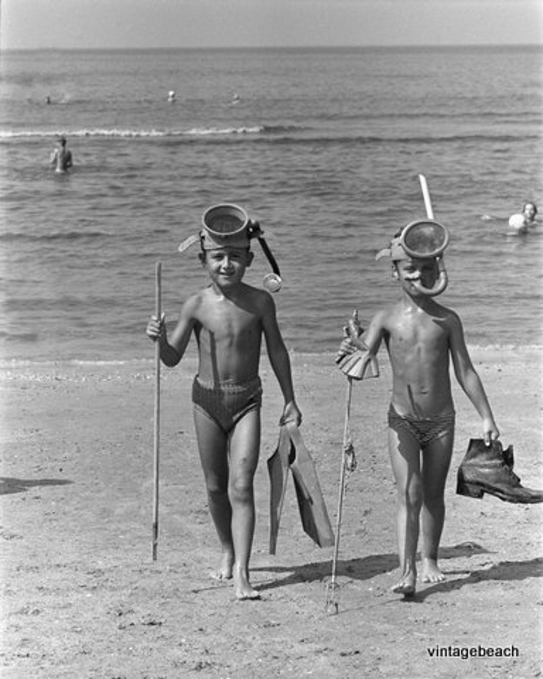 Funny Vintage Photo Boys at Beach With Snorkels, Vintage Wall Art ...