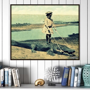 Vintage Photo Kid Riding Alligator, Coastal Wall Art, Vintage Florida Art, Alligator Gift, beach bathroom art