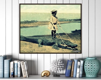 Vintage Photo Kid Riding Alligator, Coastal Wall Art, Vintage Florida Art, Alligator Gift, beach bathroom art