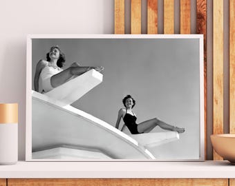 Cinematic Mid-Century Diving Board Print, 1950s Black White Photography, Retro Summer Poolside Decor
