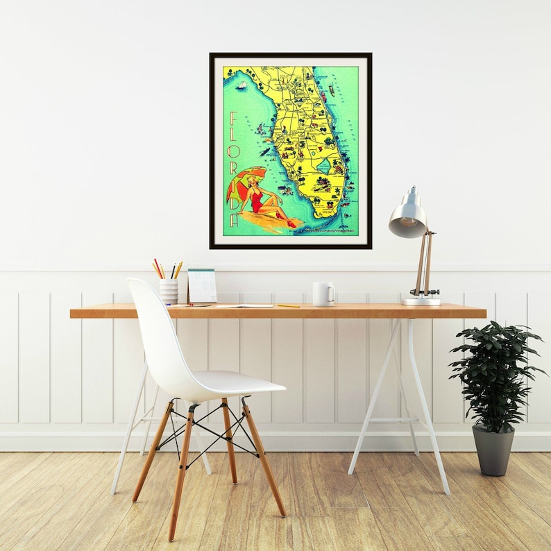 SUNNY FLORIDA map art Fine Art Print living room art beach house decor Florida beach house wall art