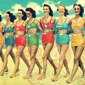 Vintage Beach Photograph, Women in Vintage Swimsuits on Beach, Home Gifts, Beach House Decor, Retro Beach Art image 2