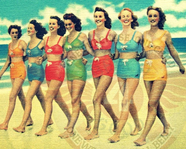 Vintage Beach Photograph, Women in Vintage Swimsuits on Beach, Home Gifts, Beach House Decor, Retro Beach Art image 2