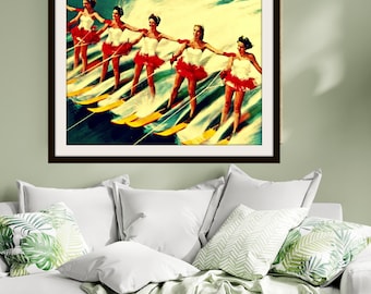 Retro Water Ski Girls, Mid Century Wall Art, Vintage Ski Art, Ski Gifts, MCM Decor