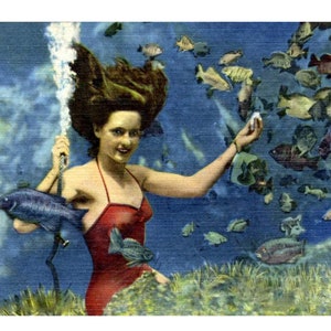Vintage Photo Woman Girl Mermaid at Weeki Wachee, Vintage Florida Wall Art Decor, Retro Fine Art Print, Mermaid Gift, living room art