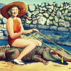 Retro Woman Riding Alligator Photograph, Vintage Beach Decor, Summer Art Vintage Florida image 1