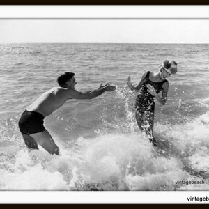 Vintage Photo Couple Playing in Surf, Old Florida Wall Art, Black and white Vintage Art, Bedroom Wall art image 2