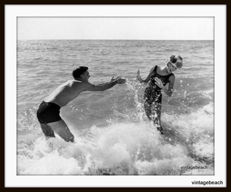 Vintage Photo Couple Playing in Surf, Old Florida Wall Art, Black and white Vintage Art, Bedroom Wall art image 2