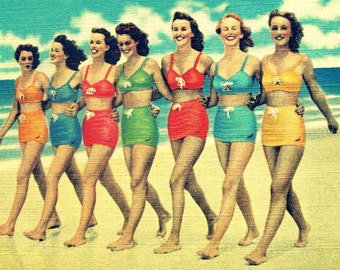 Vintage Beach Art Print, Retro Girls Walking the Beach in Vintage Swimsuits, Coastal Wall Art