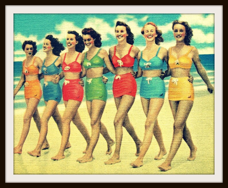 Vintage Beach Art Print, Retro Girls Walking the Beach in Vintage Swimsuits, Coastal Wall Art image 3