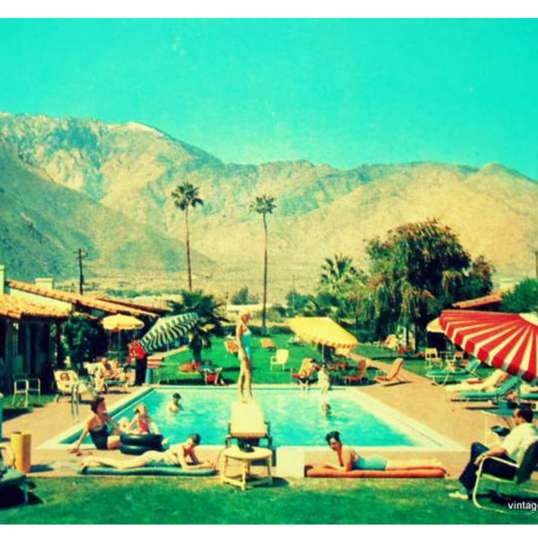 Vintage Photo Palm Springs pool party, Vintage Califorrnia Wall Art Decor, Color Art Print, mid century gift, home office art