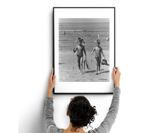 Vintage Photo Boys at Beach with Snorkels, beachy wall art Vintage Wall Art, Funny Kids Photographs, Vintage Swim Art, bathroom art