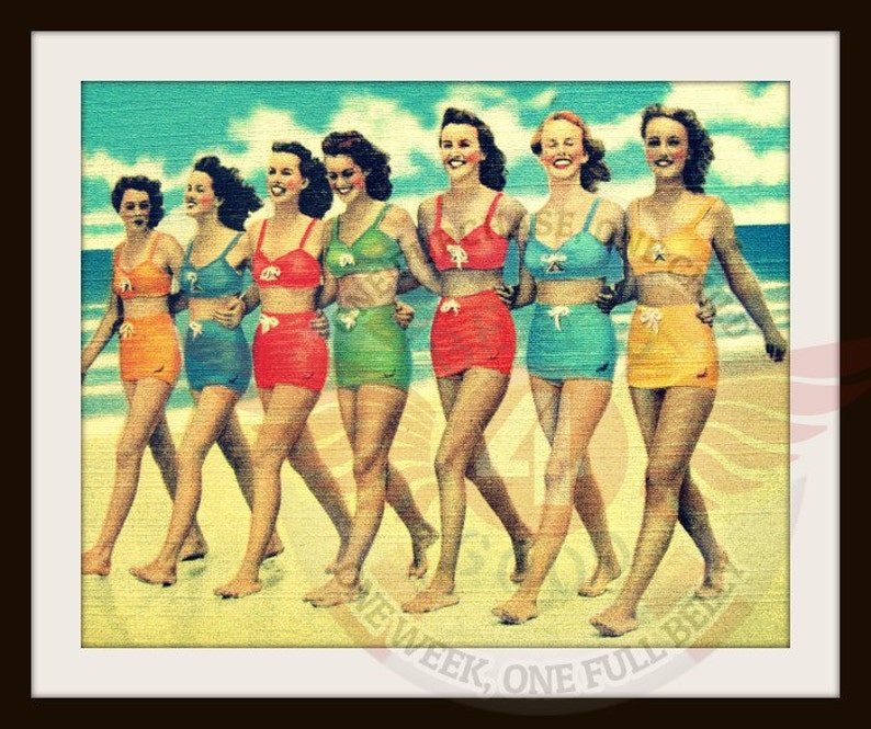 Vintage Beach Photograph, Women in Vintage Swimsuits on Beach, Home Gifts, Beach House Decor, Retro Beach Art image 4