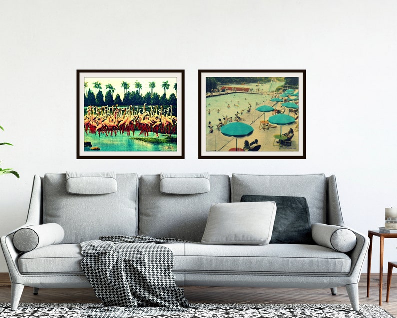May include: Two framed vintage prints. One depicts a flock of pink flamingos in a body of water with palm trees in the background. The other shows a swimming pool scene with people, turquoise umbrellas, and lounge chairs.