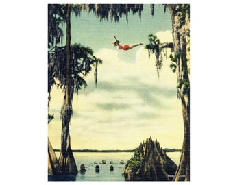 Vintage Photo Woman Girl Diving at Cypress Gardens, Coastal Wall Art, Vintage Florida Art, Color Fine Art Print, Diver Gift, living room art