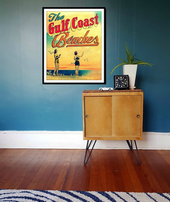 Vintage Beach Art of Gulf Coast Beaches, Coastal Wall Art, vintage beach ad