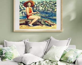 Fotografía retro de una mujer montando un caimán, arte mural vintage, decoración de la Florida antigua