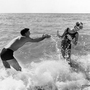 Vintage Photo Couple Playing in Surf, Old Florida Wall Art, Black and white Vintage Art, Bedroom Wall art image 1