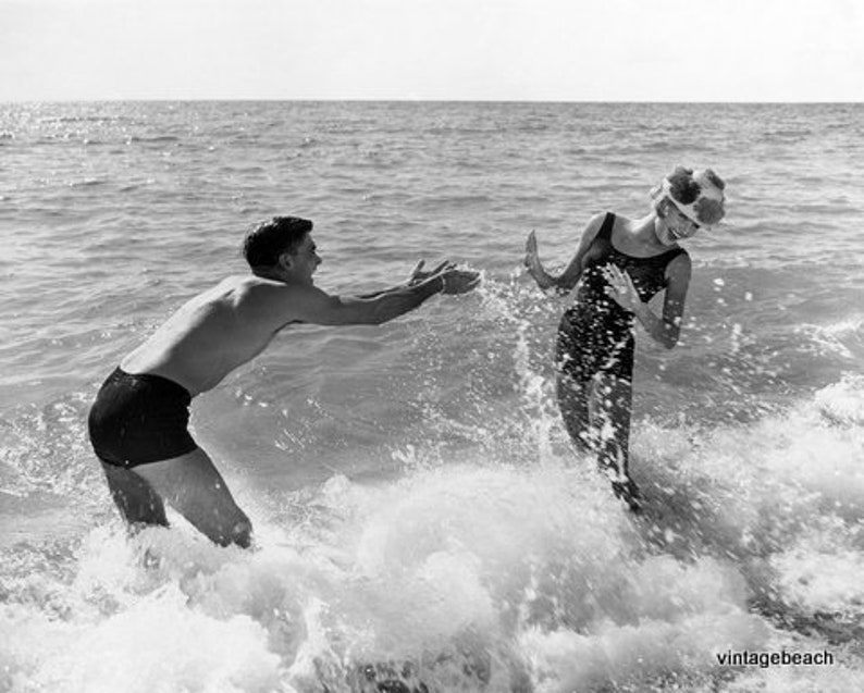 Vintage Photo Couple Playing in Surf, Old Florida Wall Art, Black and white Vintage Art, Bedroom Wall art image 1