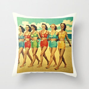 Vintage Beach Art Print, Retro Girls Walking the Beach in Vintage Swimsuits, Coastal Wall Art image 5