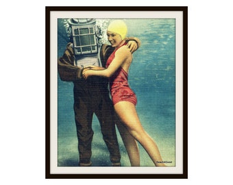 Vintage Photograph: Scuba Diver with Bell Helmet and Woman in Red Swimsuit - Gift for Ocean Lovers"