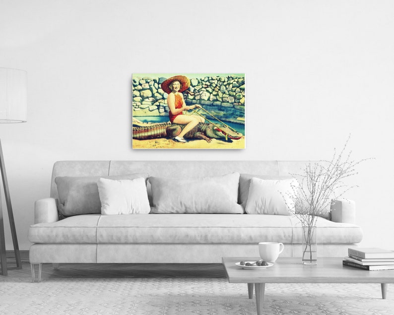 Coastal Wall Art, Alligator Art Canvas 24x36, Old Florida Art, Woman riding Alligator Art, Bathroom Wall Art, Eclectic Home Decor image 7