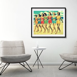 Vintage Beach Art Print, Retro Girls Walking the Beach in Vintage Swimsuits, Coastal Wall Art image 2