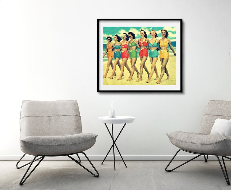 Vintage Beach Art Print, Retro Girls Walking the Beach in Vintage Swimsuits, Coastal Wall Art image 2