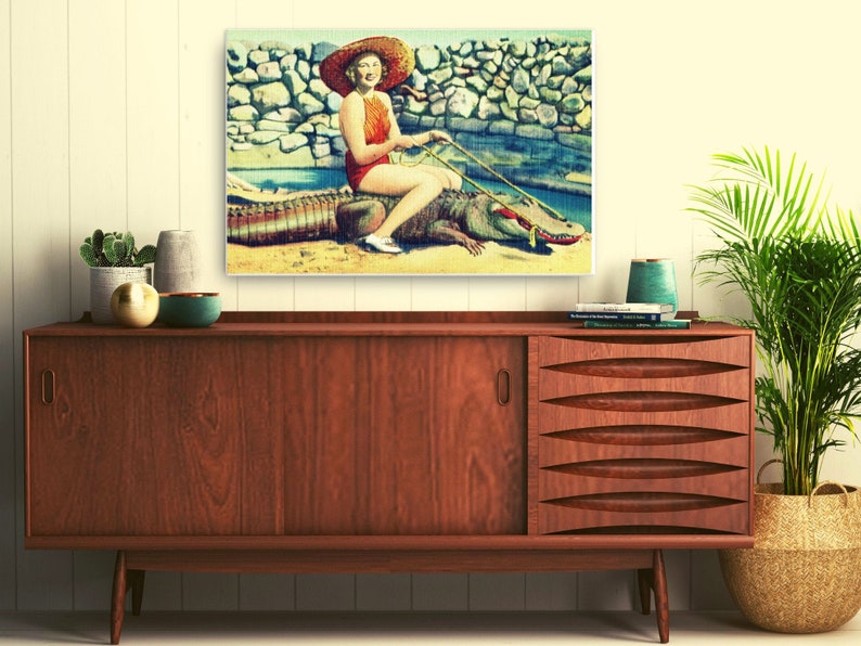 Coastal Wall Art, Alligator Art Canvas 24x36, Old Florida Art, Woman riding Alligator Art, Bathroom Wall Art, Eclectic Home Decor image 2