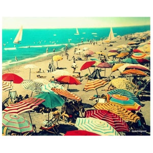 Vintage Beach Umbrellas print, Crowded Beach in Italy photo  living room art