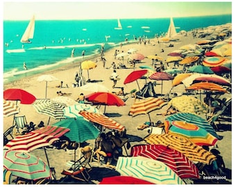 Vintage Beach Umbrellas print, Crowded Beach in Italy photo, beachy wall art