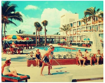Mid Century Art Prints: Shuffleboard Poster, MCM Decor, Vintage Poolside Print