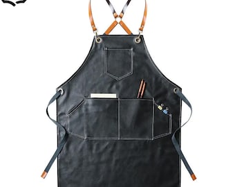 Black PU Leather Chef Apron: Unisex Workwear, BBQ, Barista