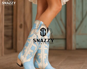 Botas vaqueras, botas altas de cuero estilo western, calzado vaquero hecho a mano para mujer, color blanco lechoso.