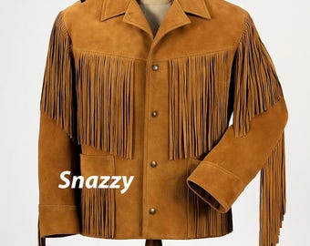 Brown Suede Fringe Jacket For Men, Authentic Cowboy Western Leather Jacket