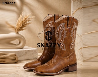 Botas vaqueras de cuero marrón, botas clásicas estilo vaquera, calzado western vintage hecho a mano.