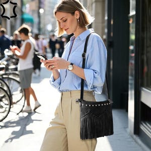 Leather Fringe Bag, Crossbody Bag, Women Western Purse, Women Fringe Purse, Leather Tassel Shoulder Bag, Crossbody Fringe Bag Black Fringe