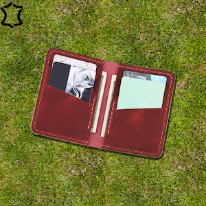 Cartera de cuero plegable hecha a mano, tarjetero de cuero, minimalista, tarjetero, color granate