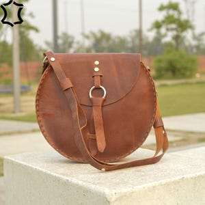Round bag, Leather circle handbag, Round leather clutch, Round crossbody bag, Women shoulder bag, Brown Crazy Horse Leather bag
