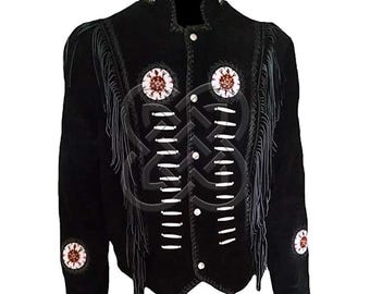 May include: Black suede jacket with white stitching, fringe, and floral details. The jacket has a high collar and button closure. The brand name "Snazzy" is visible. A distinctive outerwear item, suitable for various occasions.