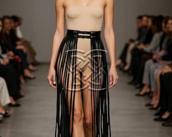 May include: A black leather skirt with long fringe detailing. The skirt features a wide belt with two buckles. The model is wearing a nude-colored strapless top and a nude-colored bodysuit. The word "Snazzy" is in the top left corner.