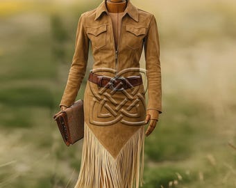 May include: A tan suede jacket and skirt ensemble with a fringe hem. The jacket has a collared neckline, two chest pockets, and a zipper closure. A brown leather belt with a decorative buckle cinches the waist. The outfit is displayed on a mannequin.