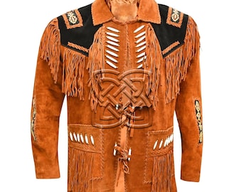 Men's Suede Fringe Jacket: Western Cowboy Beaded Leather Coat